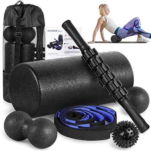 Foam Roller Set - High Density Back Roller, Muscle Roller Stick,2 Foot Fasciitis Ball, Stretching Strap, Massager Ball for Whole Body Physical Therapy & Exercise, Yoga, Back Pain, Leg, Deep Tissue